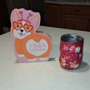 Corgi Valentine Stainless Steel 12 Oz Tumbler & Hello Corgeous Corgi Placque NWT